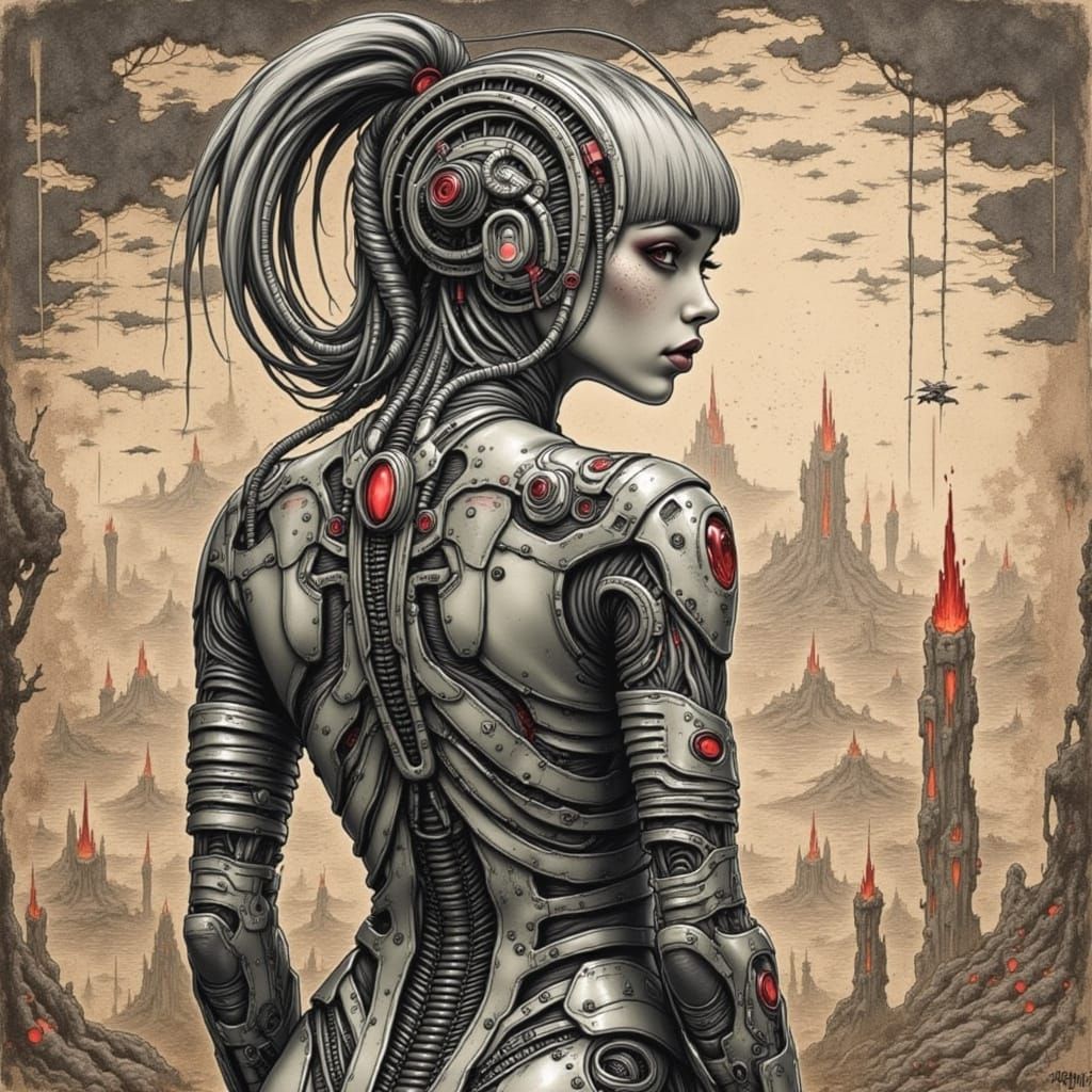 Cyborg Woman with Volcano Tattoos in Giger Style