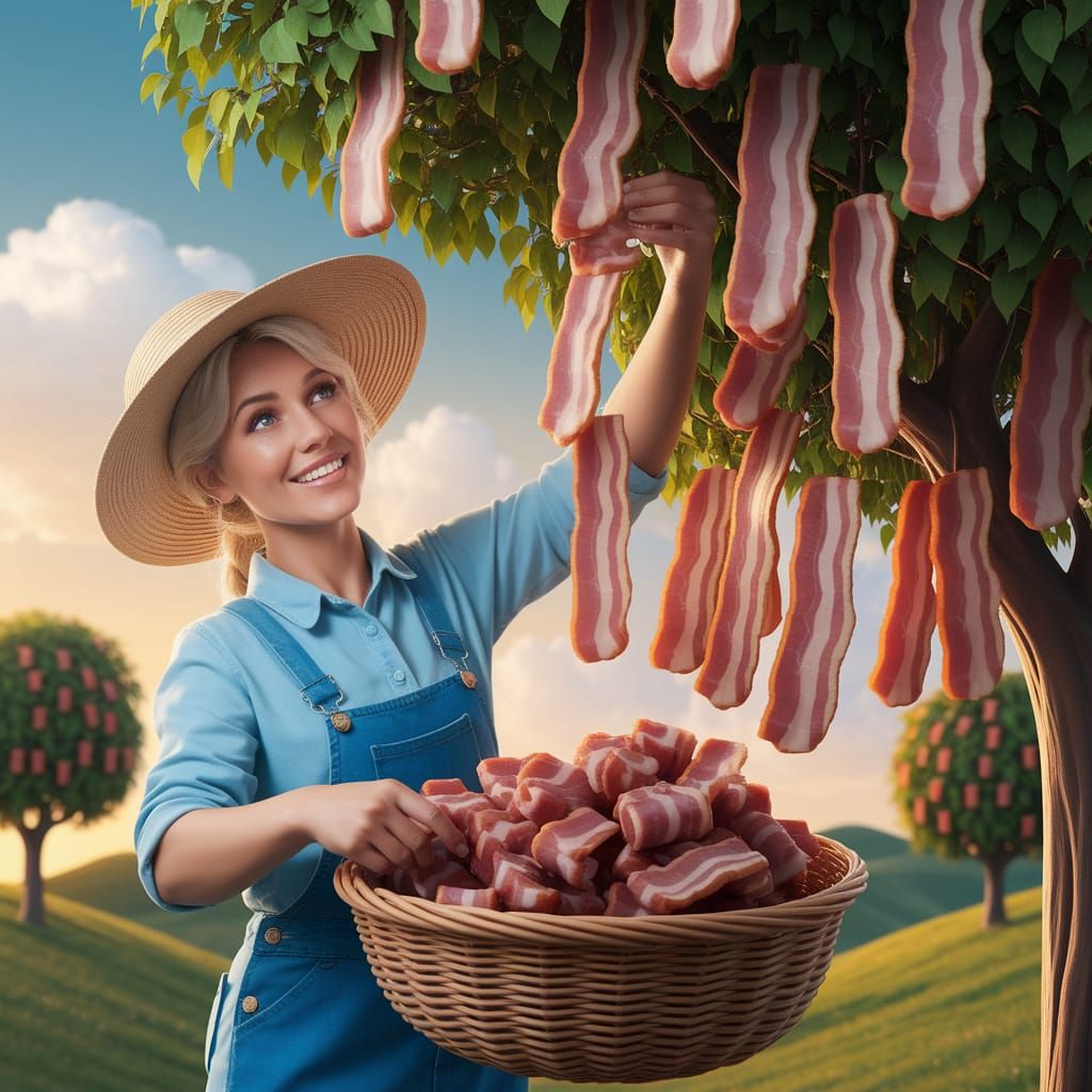 Farmer Picks Golden-Brown Bacon from Enchanted Bacon Tree