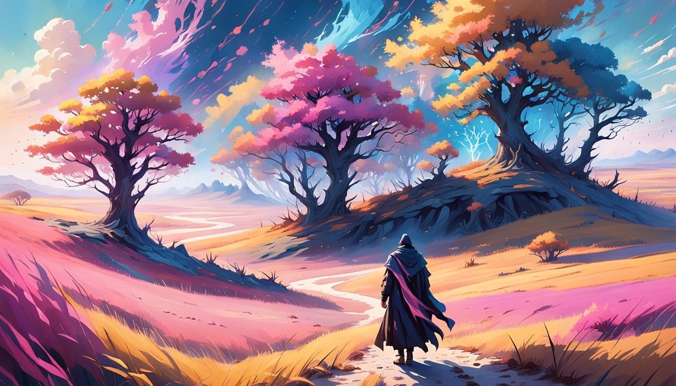 Vibrant Plains Landscape with Cloaked Figure