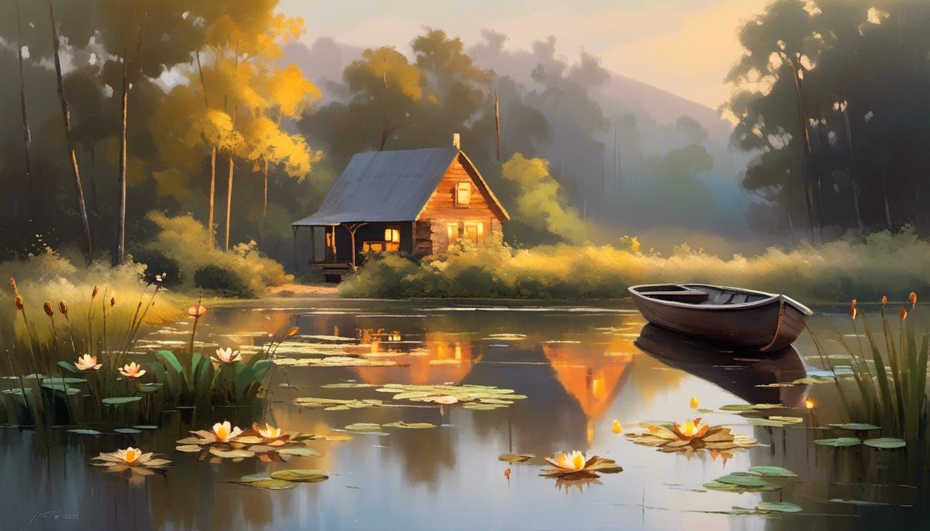 Cozy Cabin on Creek in Impressionist Style