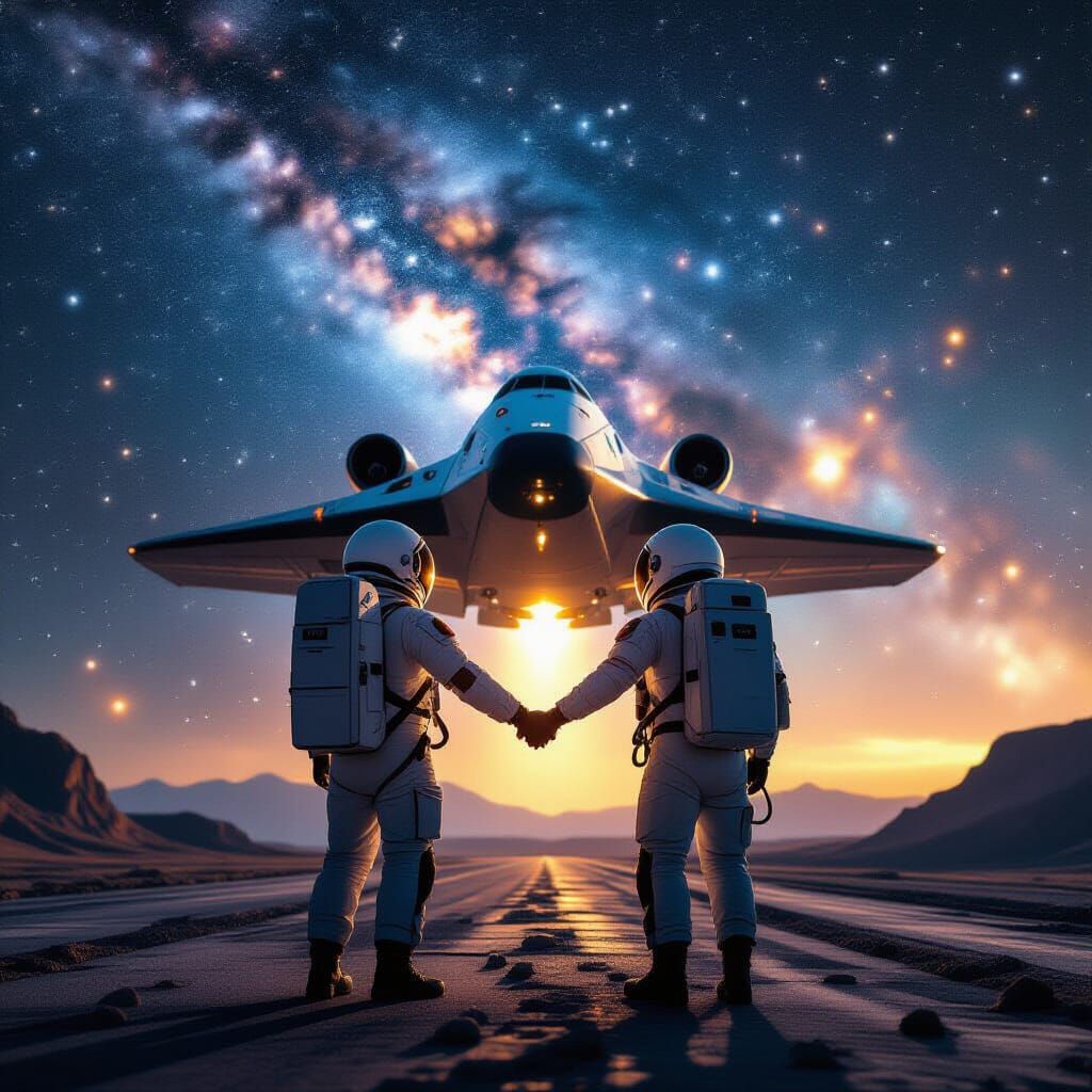 Astronauts Holding Hands in Space with Spaceship