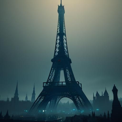 Eiffel Tower Surrounded by Glowing Mushrooms in Digital Art