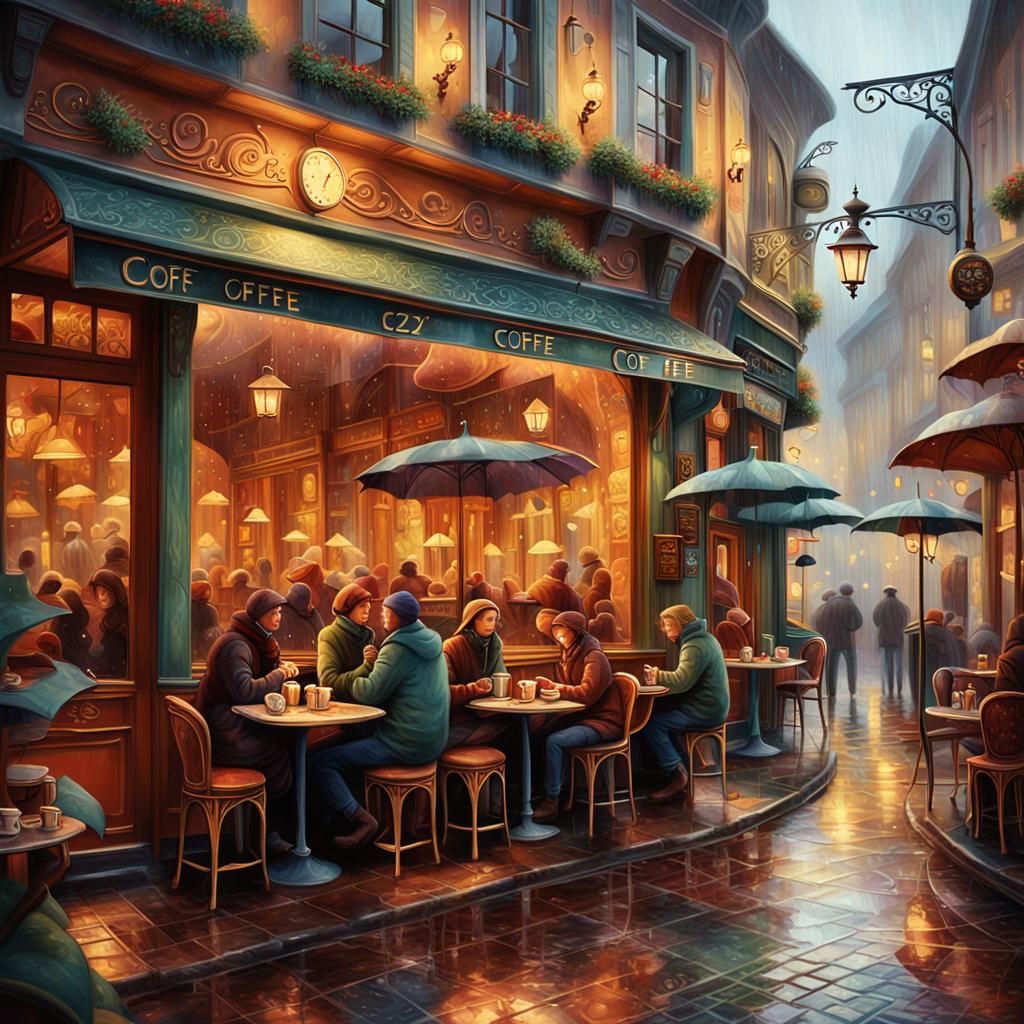 Cozy European Cafe Scene on a Rainy Afternoon