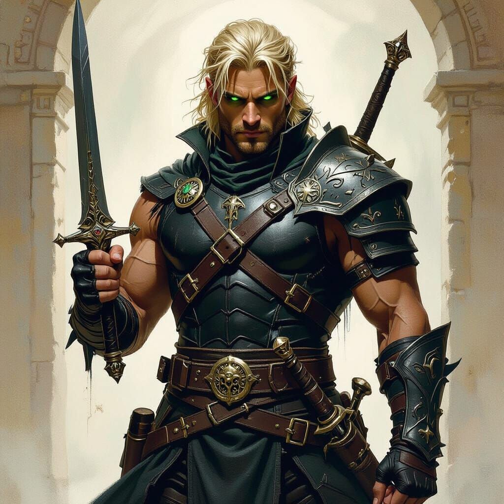 Imposing Warlock with Daggers in Dark Fantasy Style