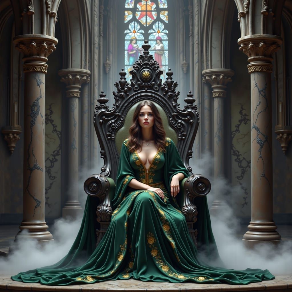 Queen on Obsidian Throne in Ethereal Mist