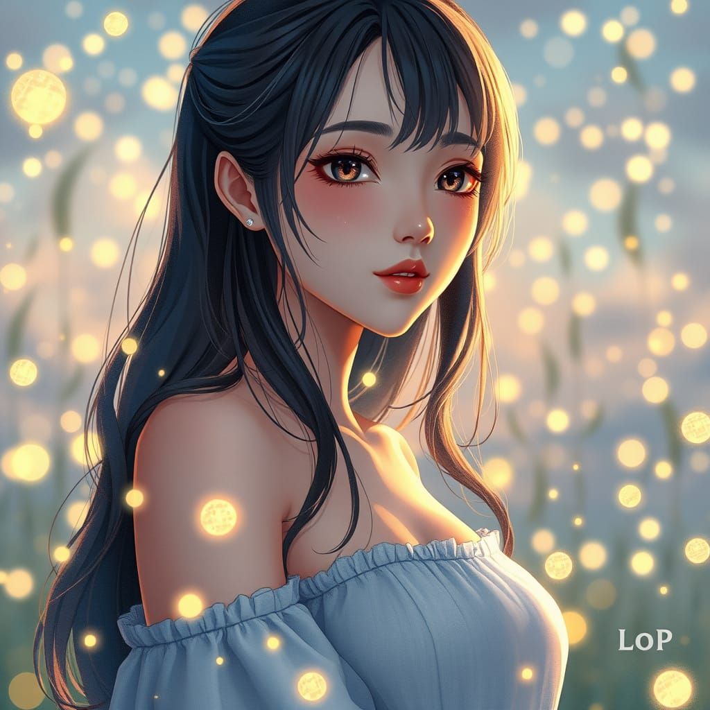 Pretty Woman in Fireflies: Watercolor Summer Evening