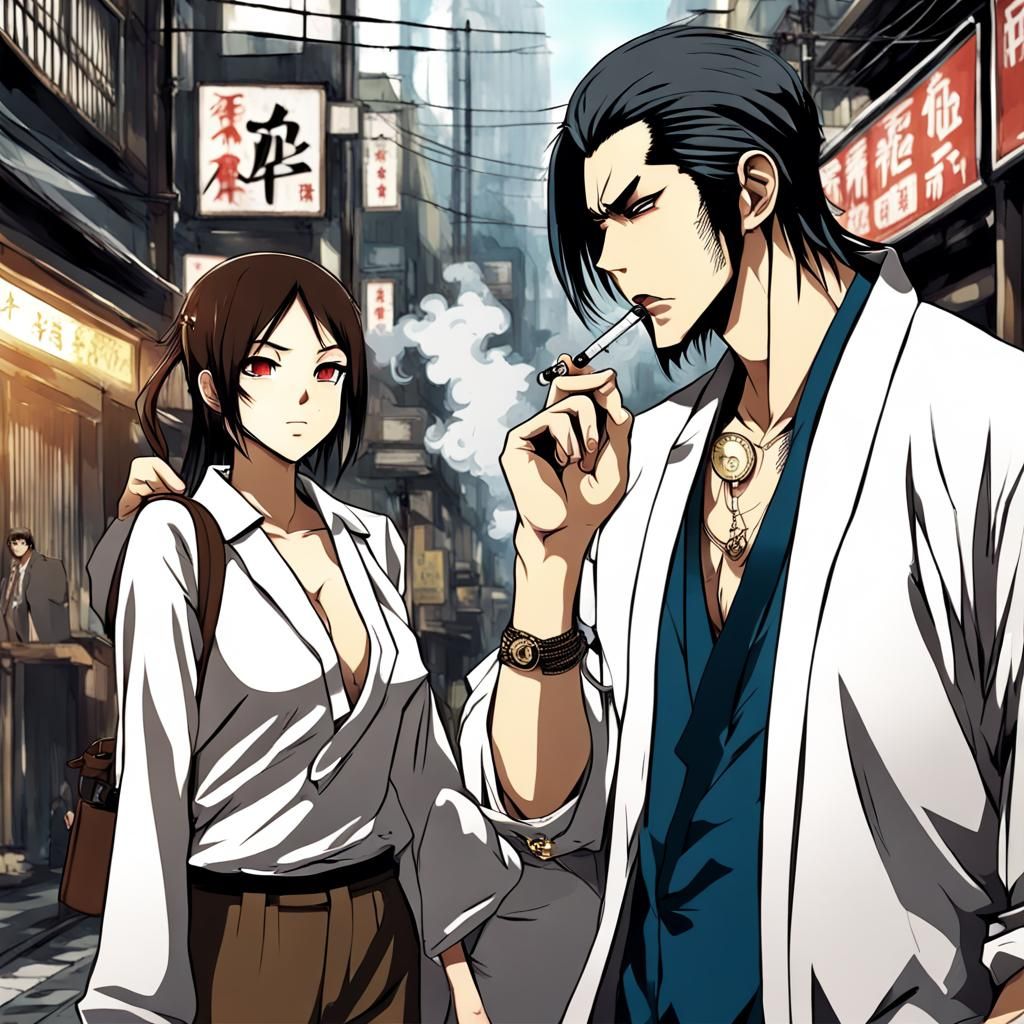 Anime Yakuza Couple Smoking in Town