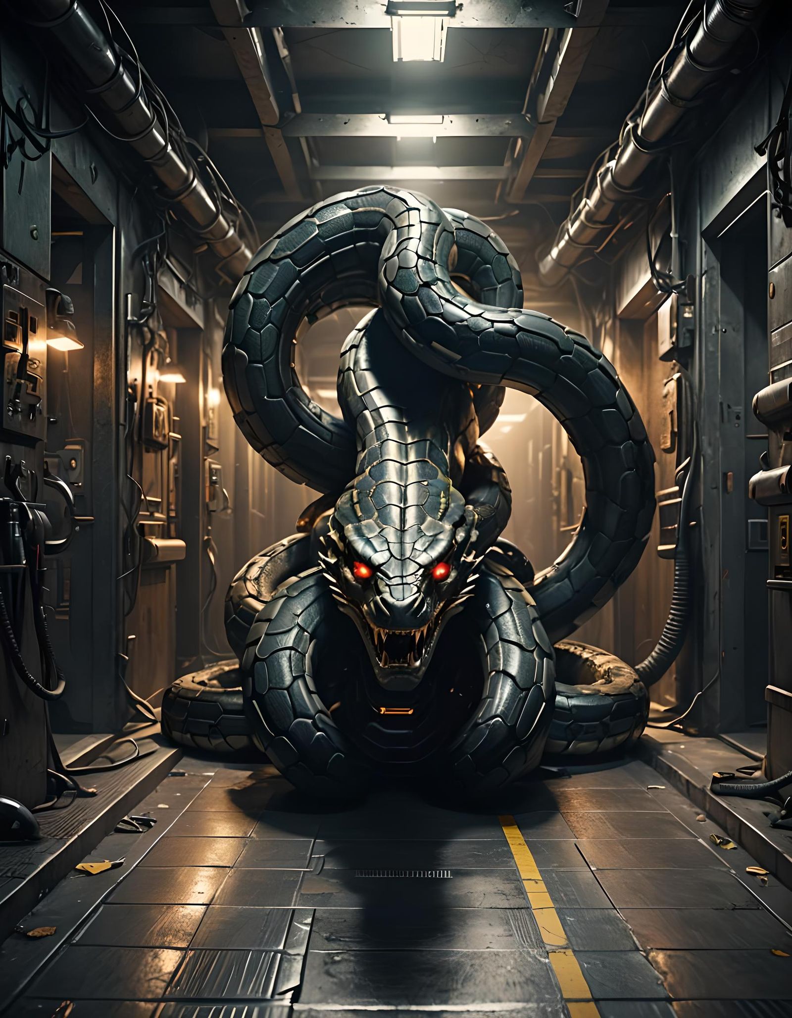 Giant Techno-Mechanical Snake Attacks in Narrow Corridor