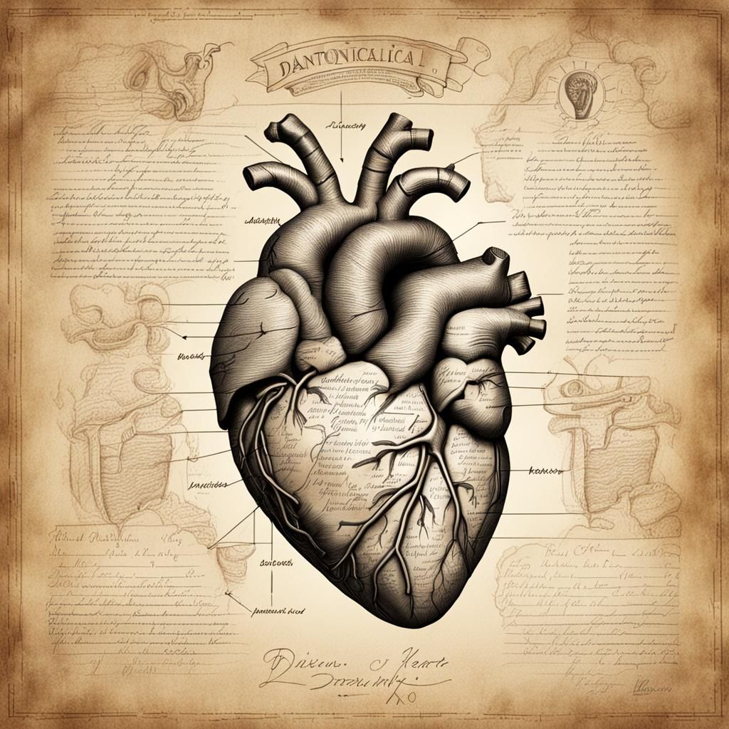 DaVinci anatomical heart drawing with written descriptions on the side.