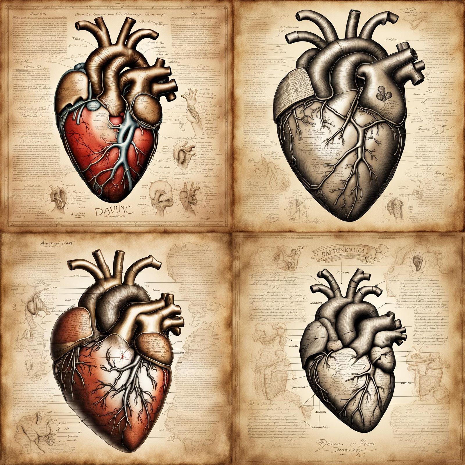 DaVinci anatomical heart drawing with written descriptions on the side.