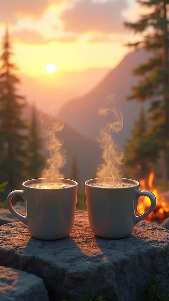 Surreal Mountain Coffee Scene in 3D Anime Art Style