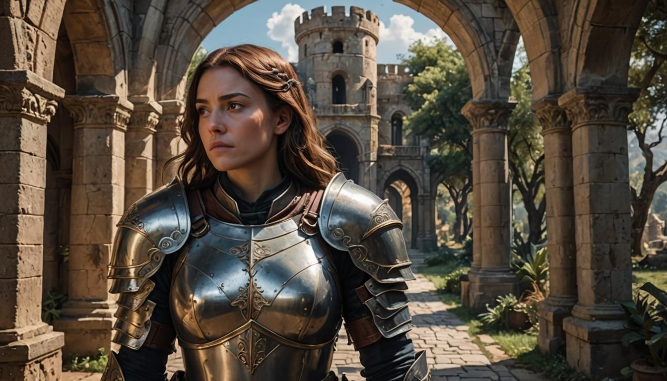 Armored Female Knight near Archway in 8K