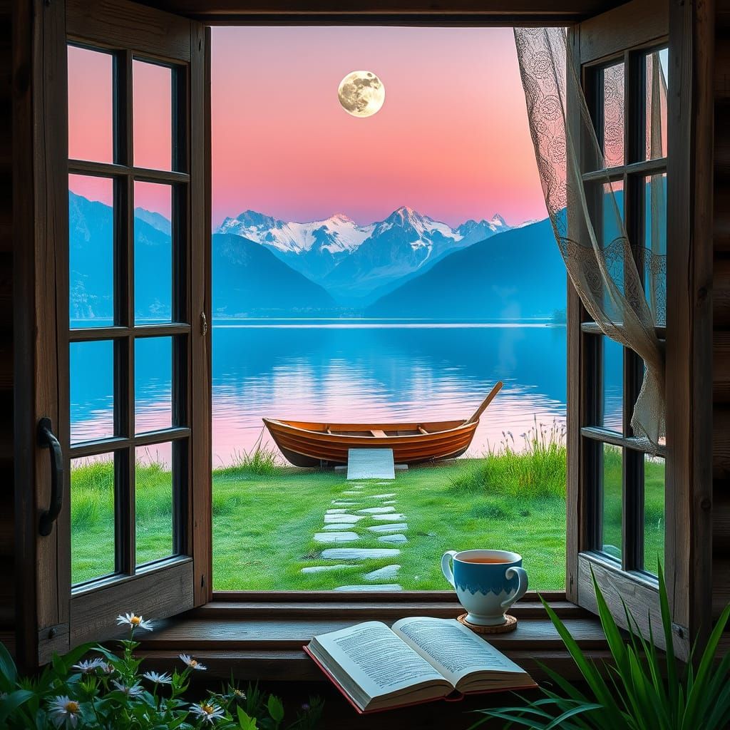 Mountain Lake Scene at Dusk, Framed by Rustic Wooden Window