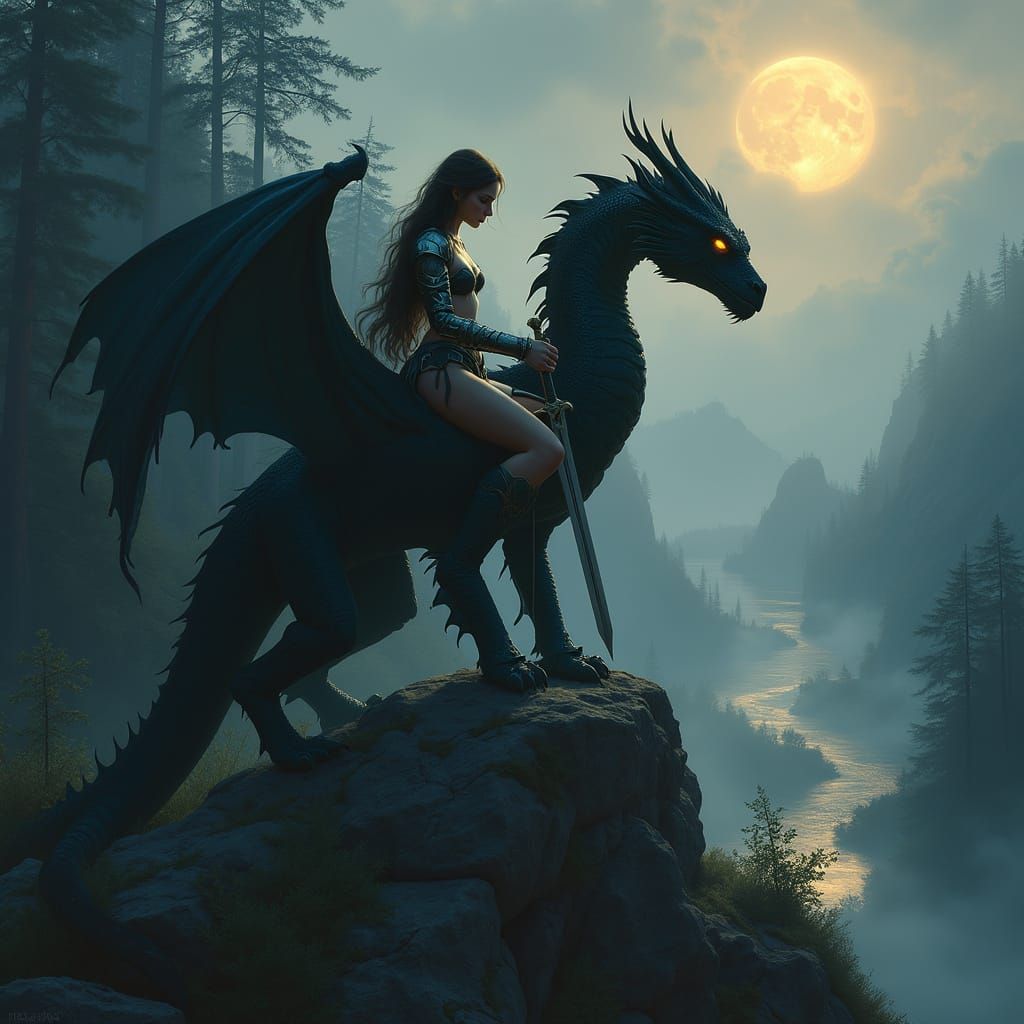 Ethereal Female Knight and Dragon on Foggy Mountain Peak