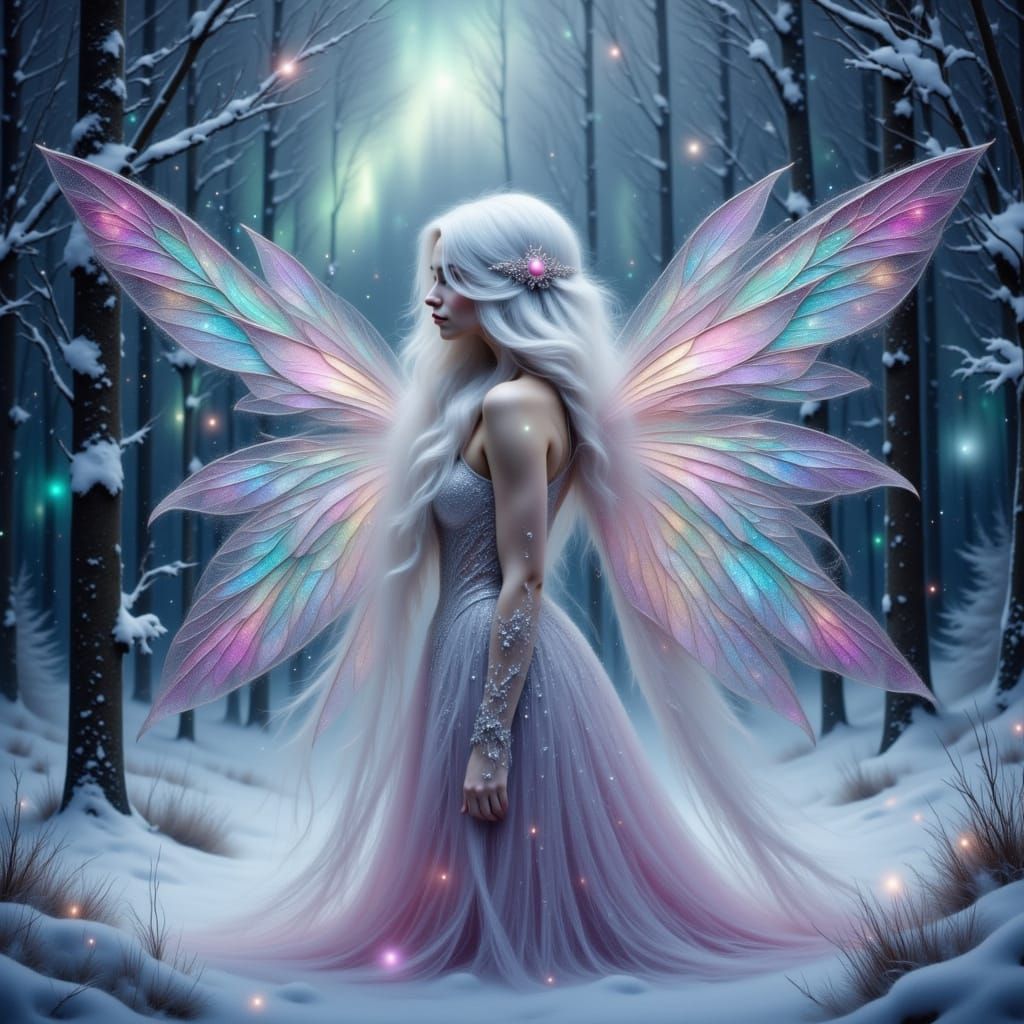 Winter Fairy with Pink Wings Under Aurora Borealis