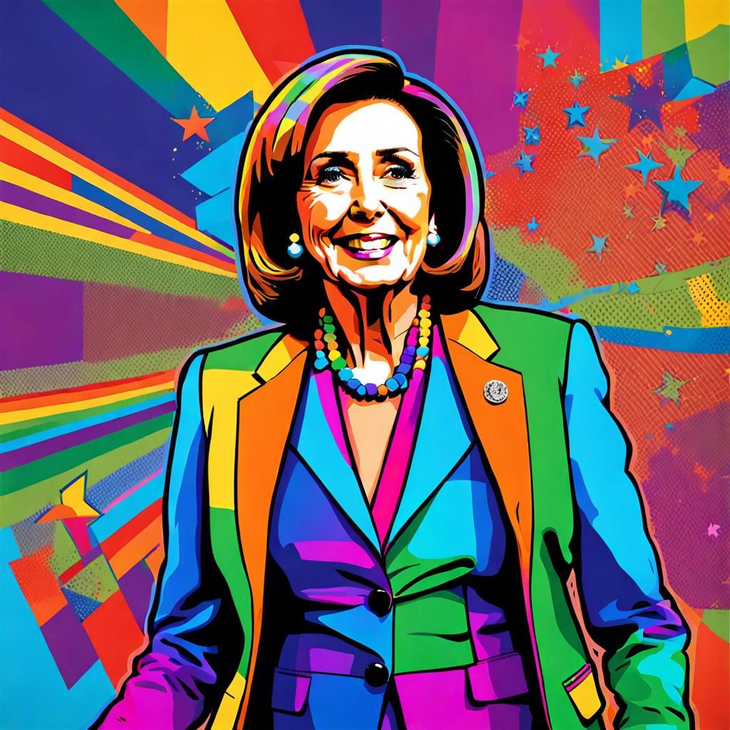 Pop Art Portrait of Nancy Pelosi in Rainbow Suit