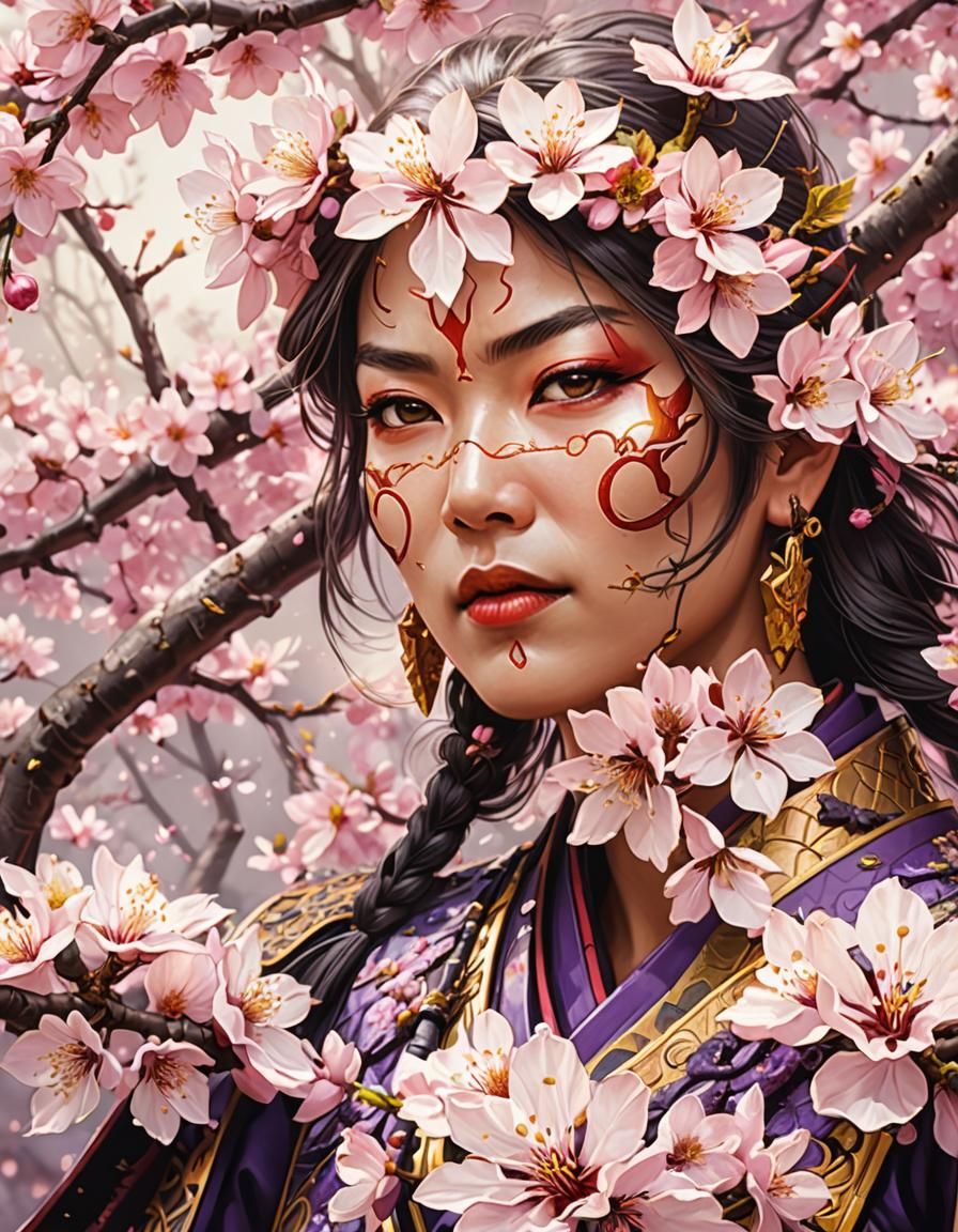 Female Samurai in Cherry Tree: Dark Fantasy Art