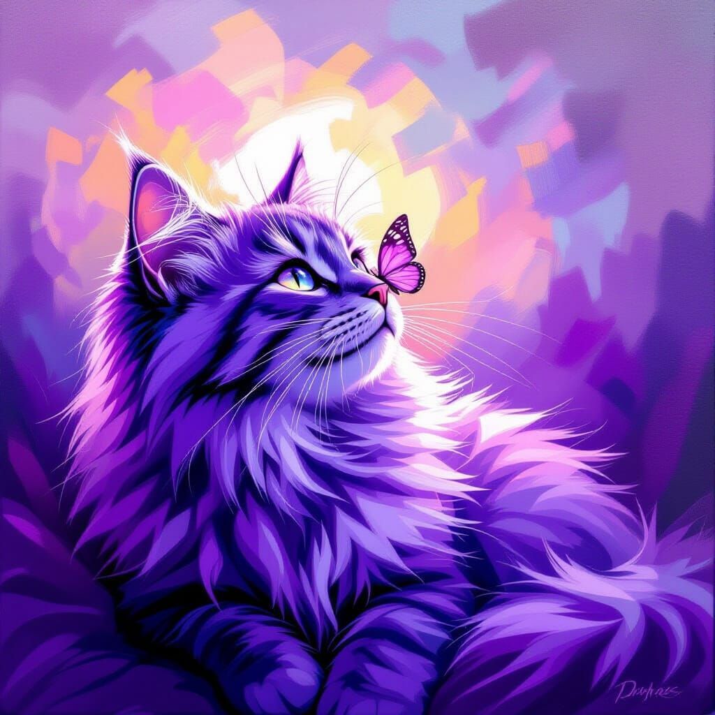 Purple Fluffy Cat With Butterfly in Purple Sunlight