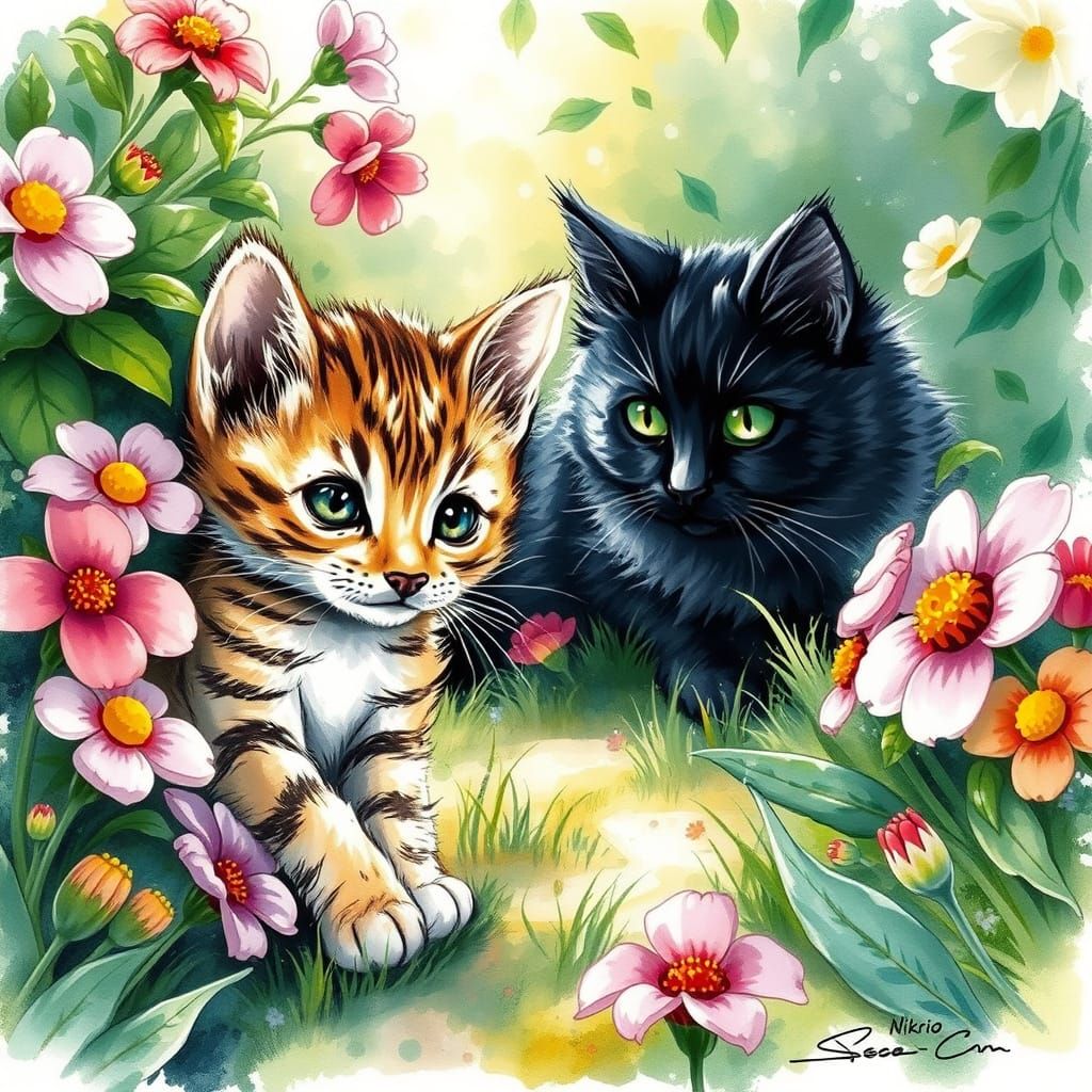 Whimsical Garden Encounter in Vibrant Ink Drawing Style