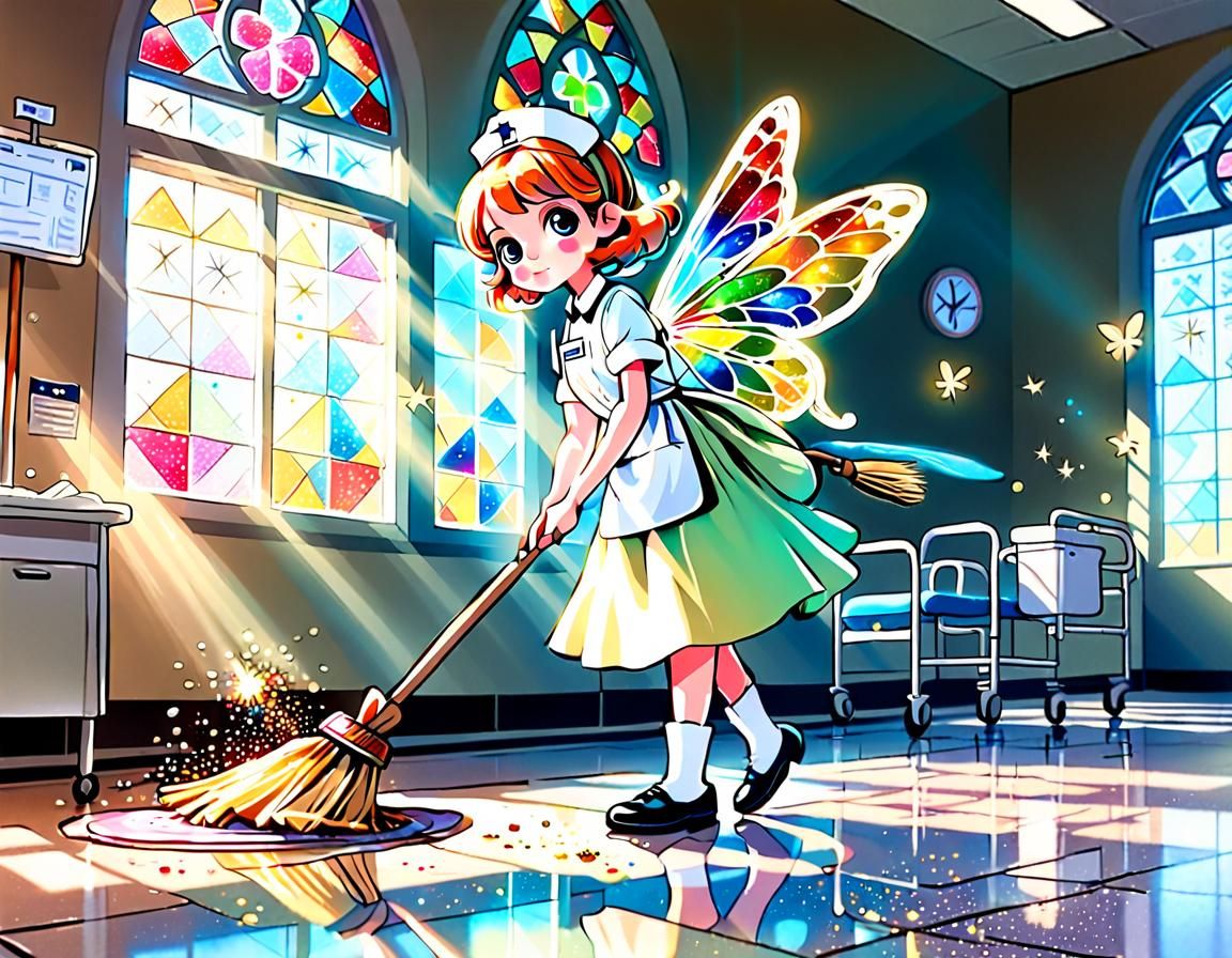 Whimsical Fairy Nurse Sweeps Hospital Floor with a Broom