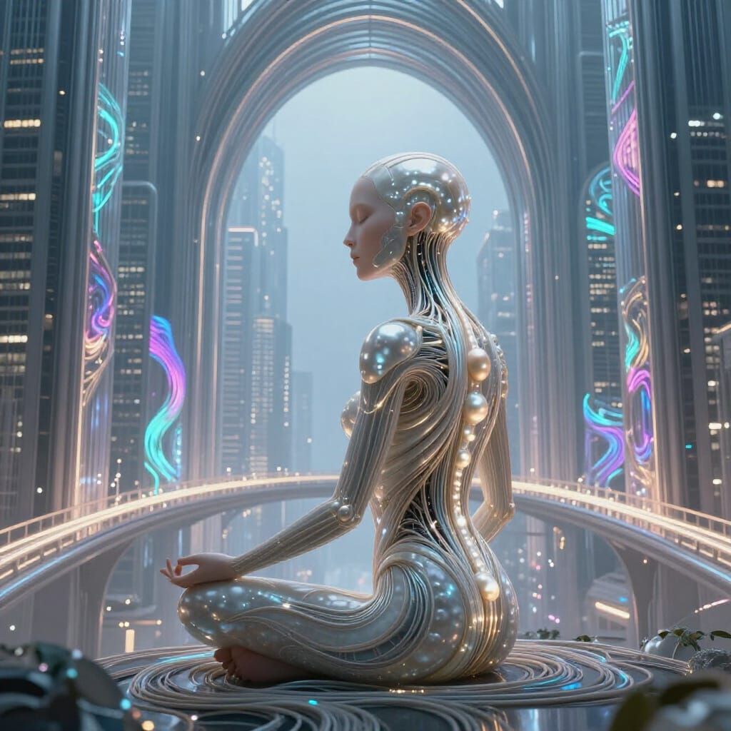 Androgynous Figure Fused With City Architecture in Biomechan...