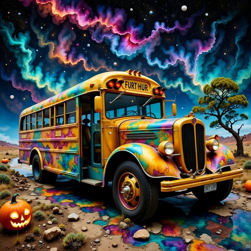 Psychedelic School Bus on a Cosmic Halloween Road