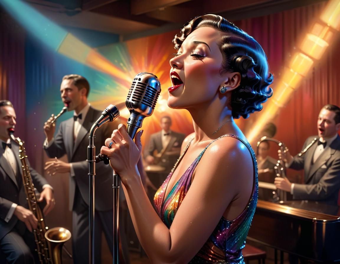 1930s Torch Singer in Jazz Club: Hyperrealistic Splash Art