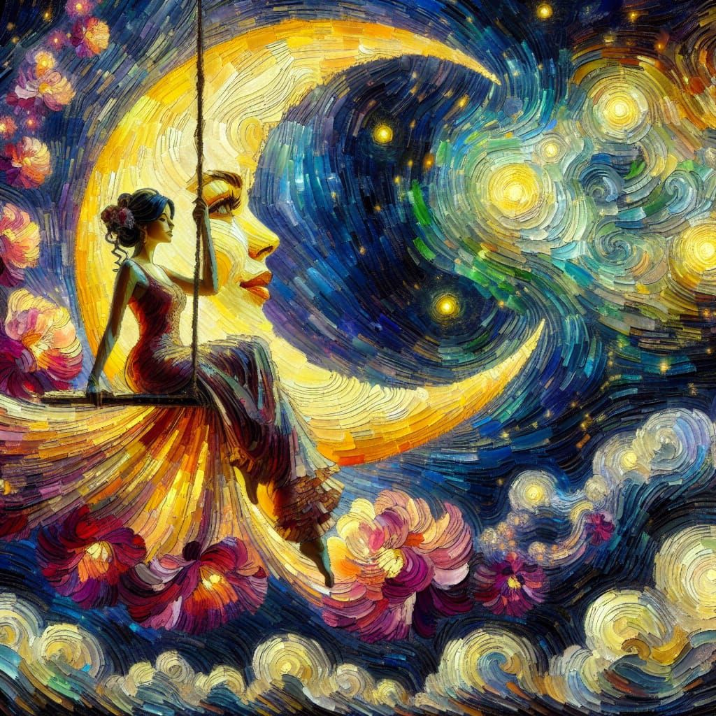 Stunning South Asian Woman Swings Under Glowing Moonlit Sky