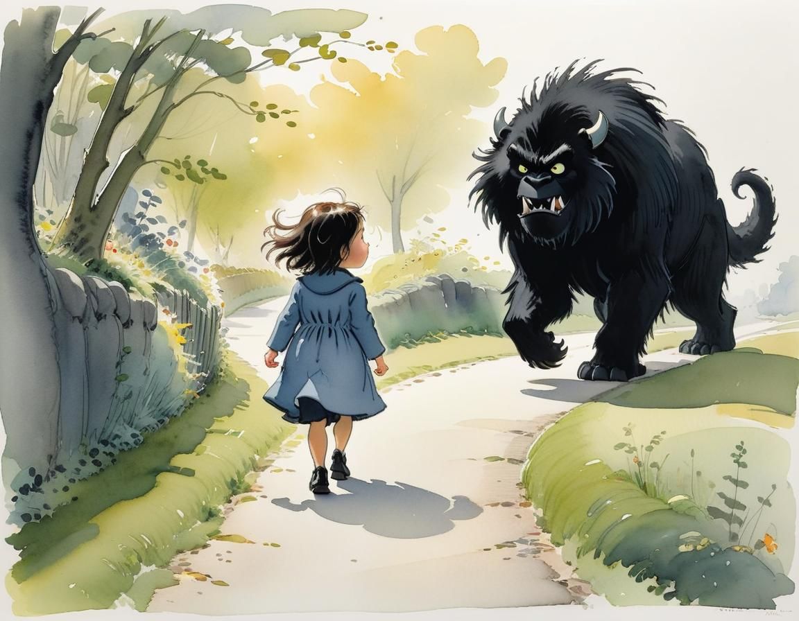 Cute Toddler and Shadow Creature, Storybook Illustration