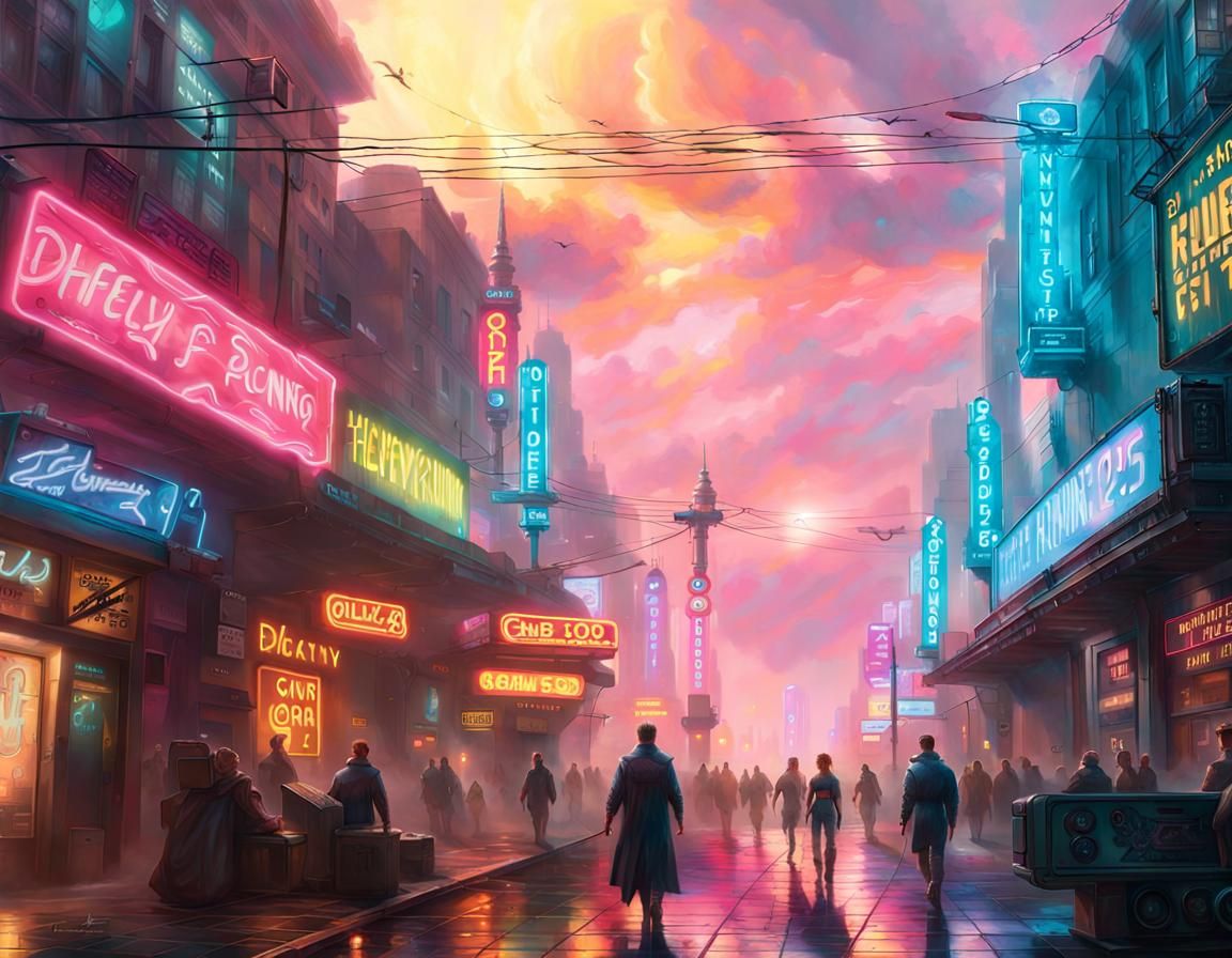 Ethereal Cyberpunk Scene with Divine Sunshine