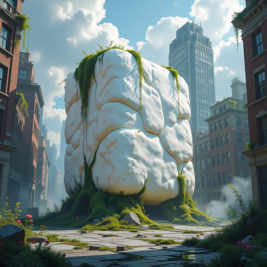 Giant Ancient Marshmallow in Overgrown City Square