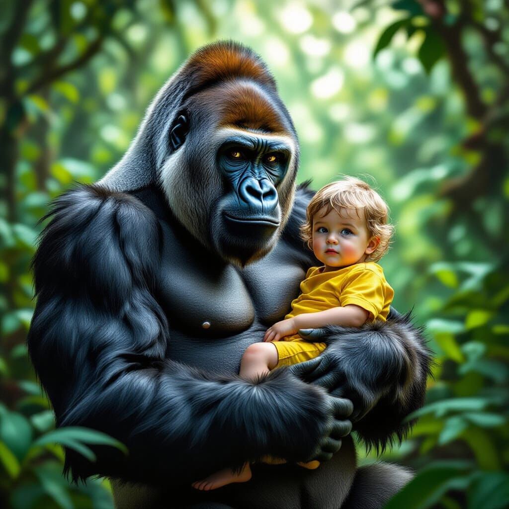 Gentle Gorilla Rescues Child: Hyper-Realistic Jungle Scene