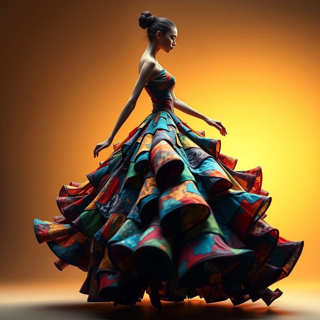Surreal Dancer in Vibrant, Multi-Colored Fabric Dress