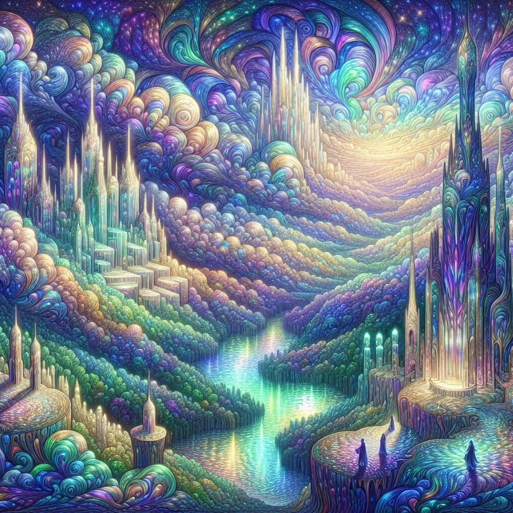 Ethereal Iridescent Realm with Shimmering Landscapes