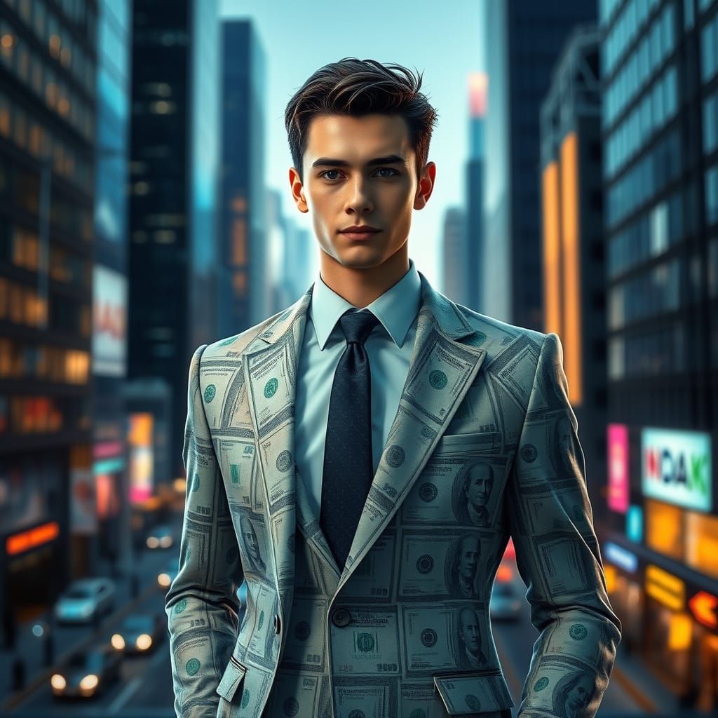 Confident Entrepreneur Wears Suit Made of Banknotes in Futur...