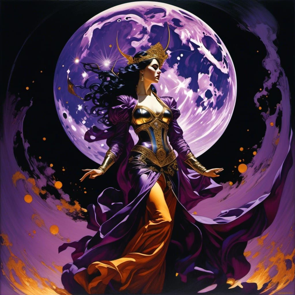 Sorceress in Purple Fire: Digital Art Portrait
