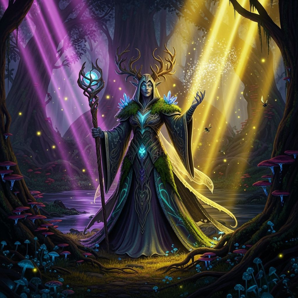 Fae Wizard in Mystic Forest with Ethereal Orb
