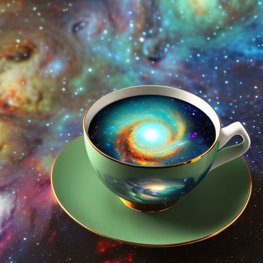 Cosmic Galaxy in Teacup: Holographic Astral Illustration