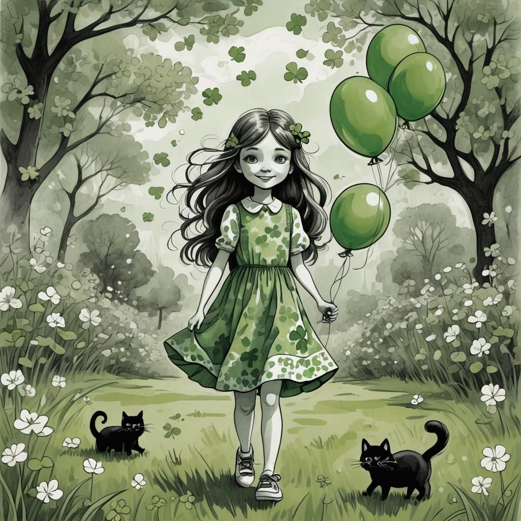 Whimsical monochrome illustration of a cute little girl with...