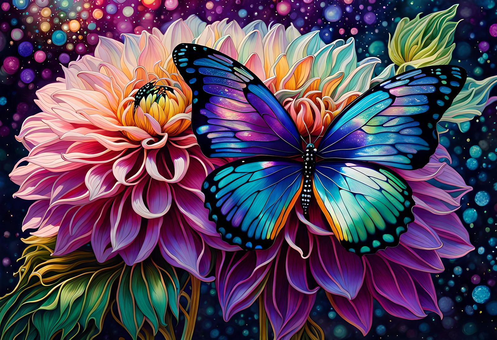 Iridescent Butterfly in a beautiful Dahlia garden