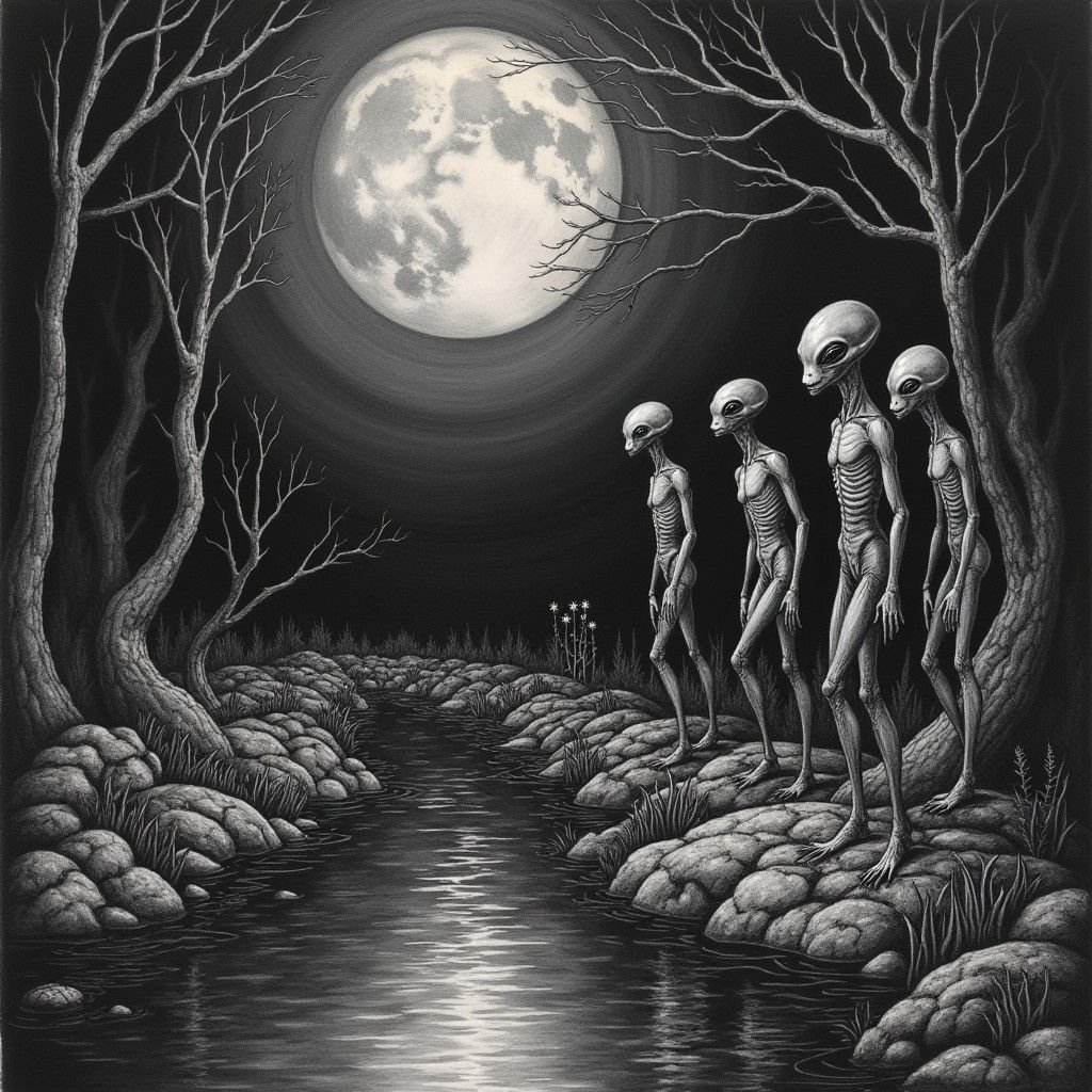 Otherworldly Aliens on Canal in Charcoal Drawing