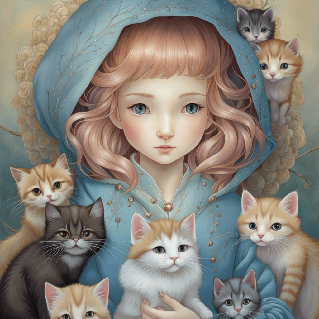 Detailed Portrait of Girl with Kittens