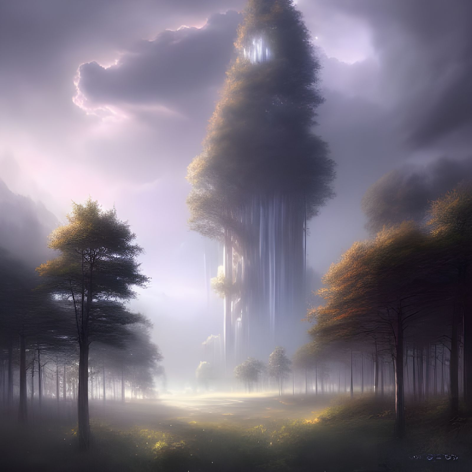 Futuristic Trees Towering Over Clouds in an Eco-Utopia