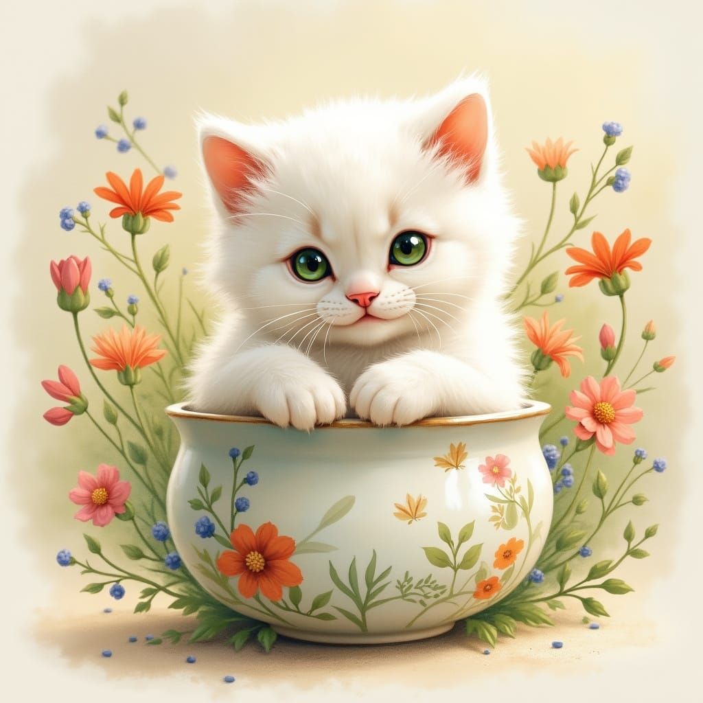 Whimsical White Kitten in a Floral Vase