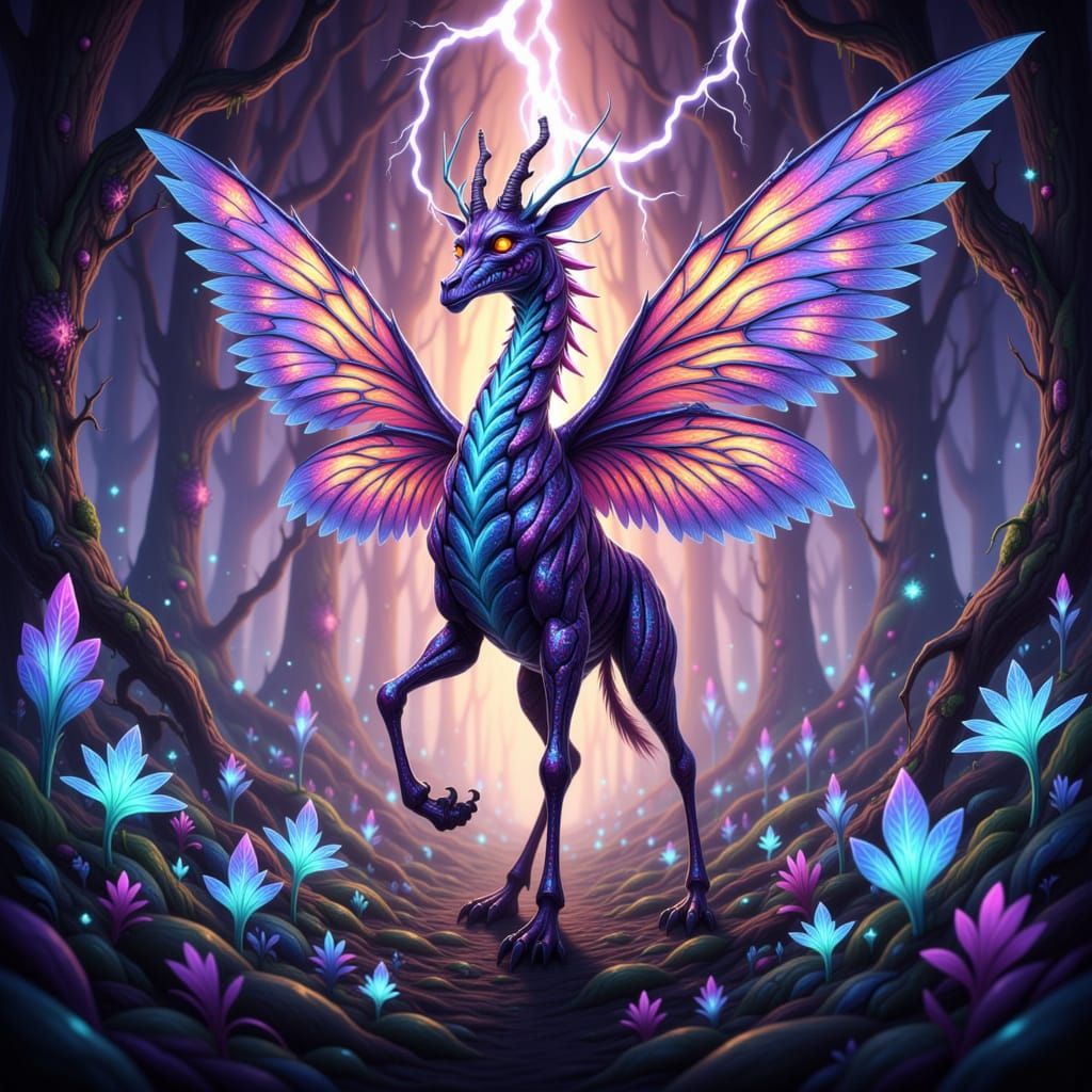 Fantastical Gryphon-Giraffe Hybrid with Lightning in Alien F...