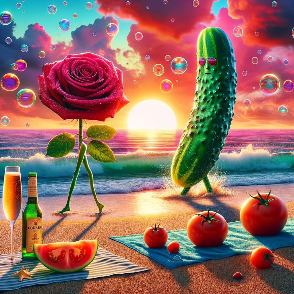 Personified Rose and Cucumber Stroll on a Surreal Beach