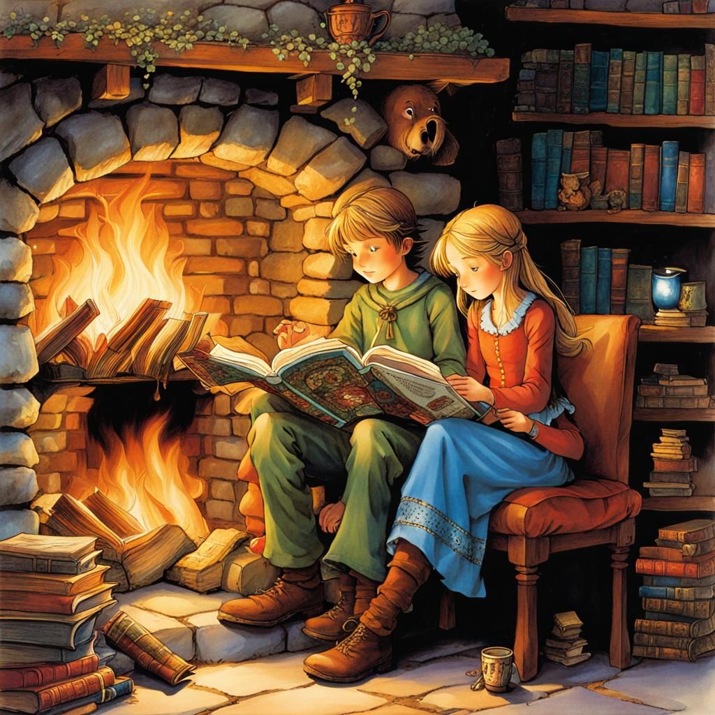 Medieval Fantasy: Siblings Reading by Firelight