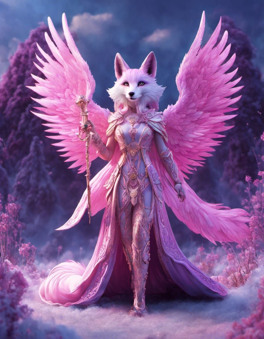 Pink Angel Fox in a Psychedelic Landscape