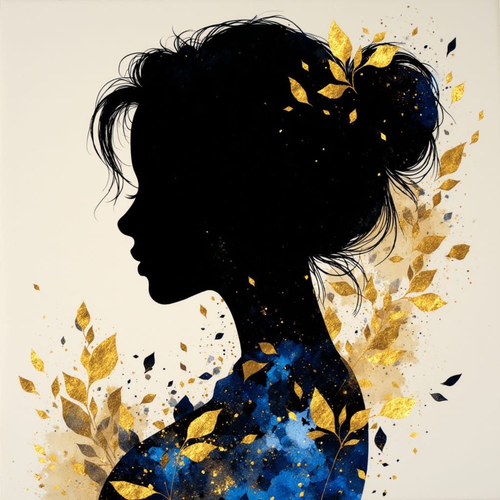 Silhouette Portrait of a Woman in Black Ink and Gold