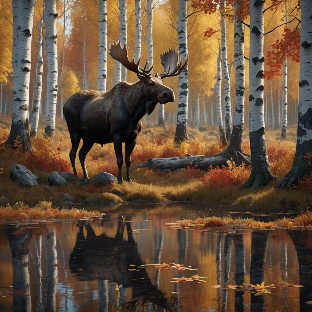 Swedish Moose in Autumn Birch Wood